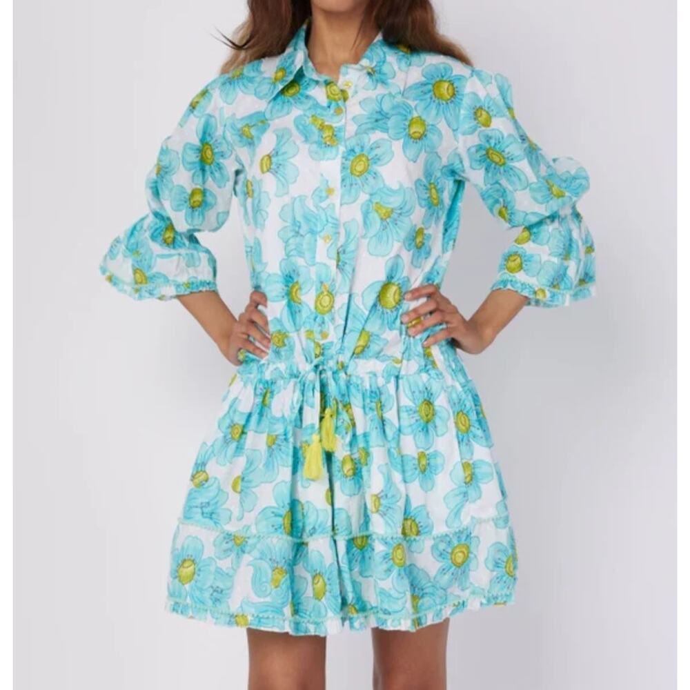 NEW Modaposa Penelope Dress Small Blue Floral Cotton Mini Ruffle Tassel Tie